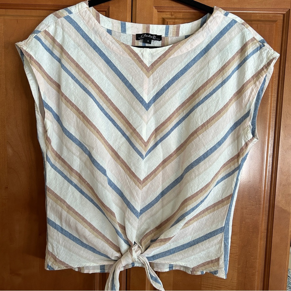 CHARLIE B Blue and Tan Striped cap sleeve top